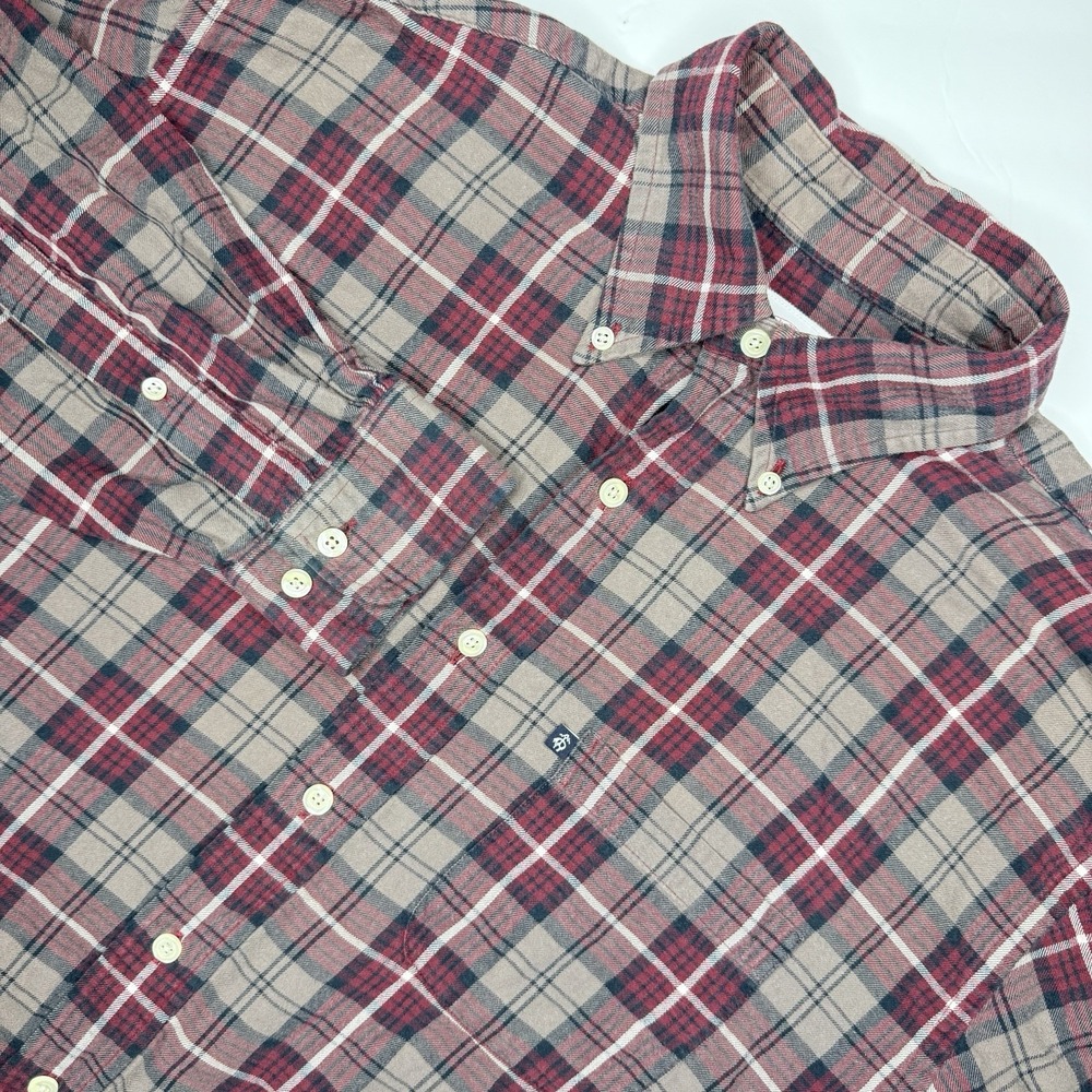 Brooks Brothers Flannel Shirt Men's Large Red Beige Plaid Oxford Cotton Autumn